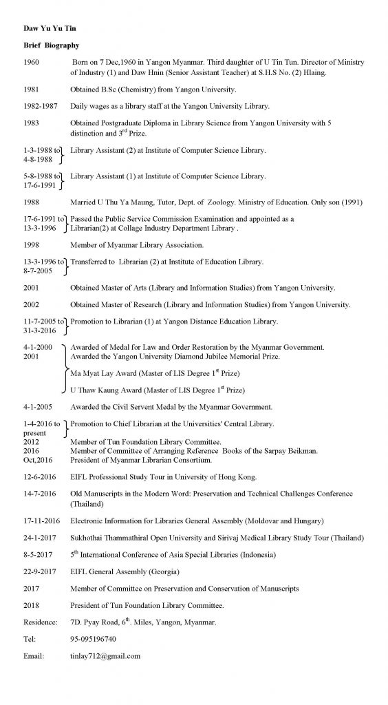 Daw Yu Yu Tin (Chief Librarian) Universities' Central Library